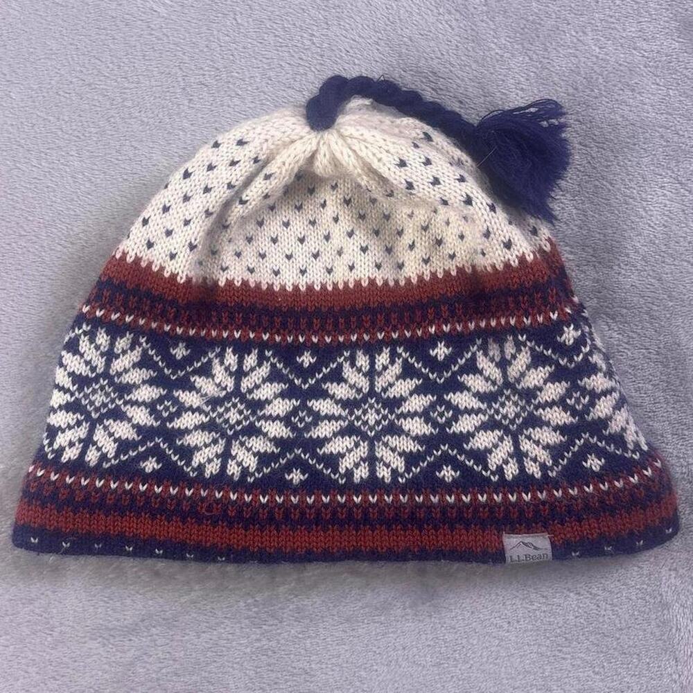 L.L.Bean Merino Wool Fair Isle Snowflake Beanie Blue Lined Tassel OSFA